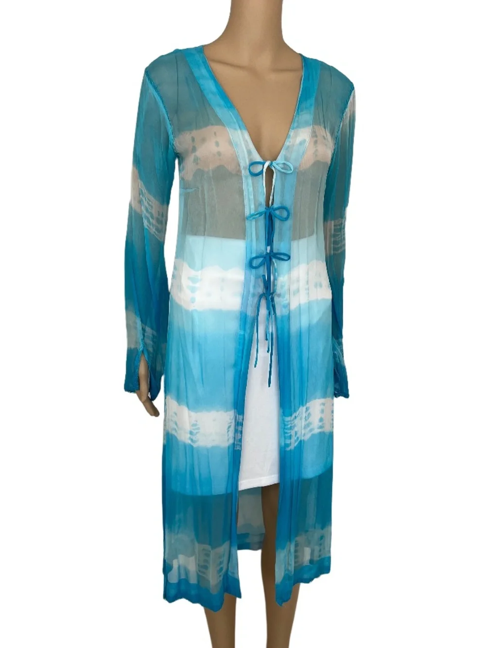 Silk Blue White Swim Beach Cover Up Cardigan Duster Size M